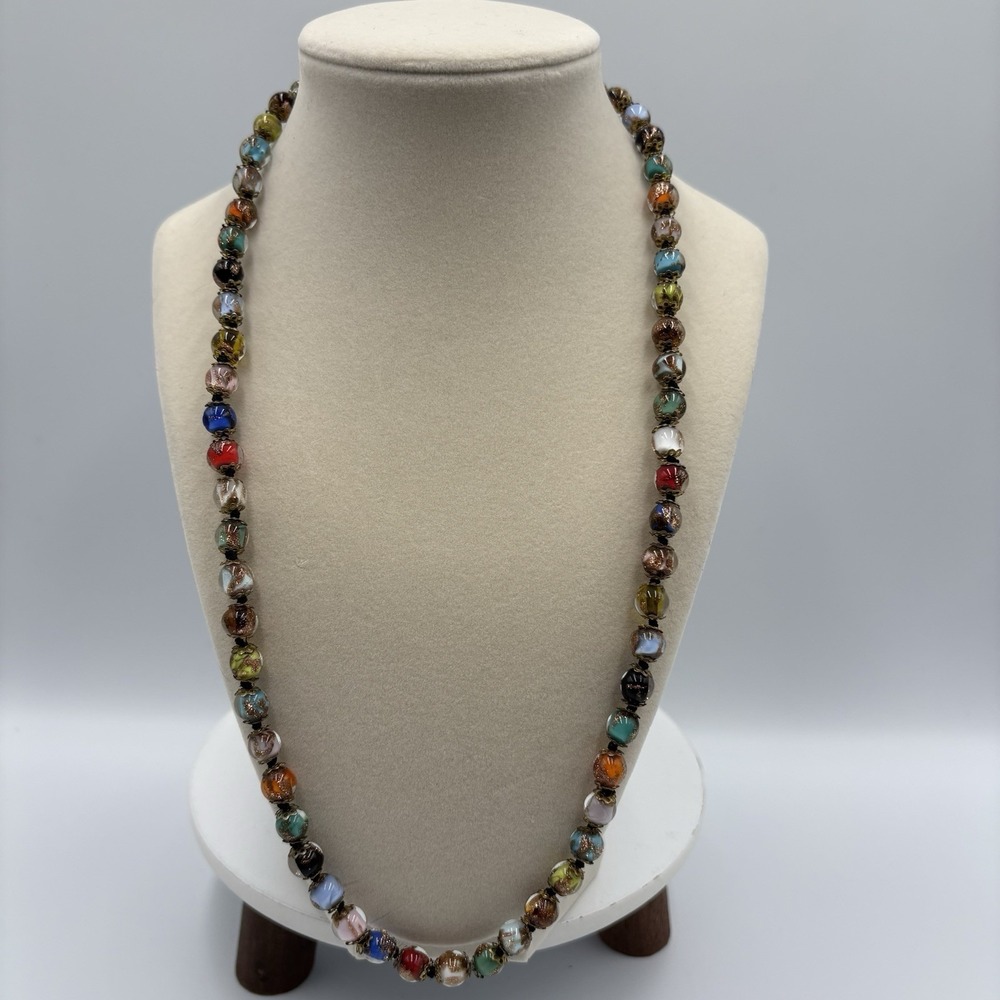 Vtg Millefiori Venetian Italian Glass Beaded Necklace 22" Signed Multi-color